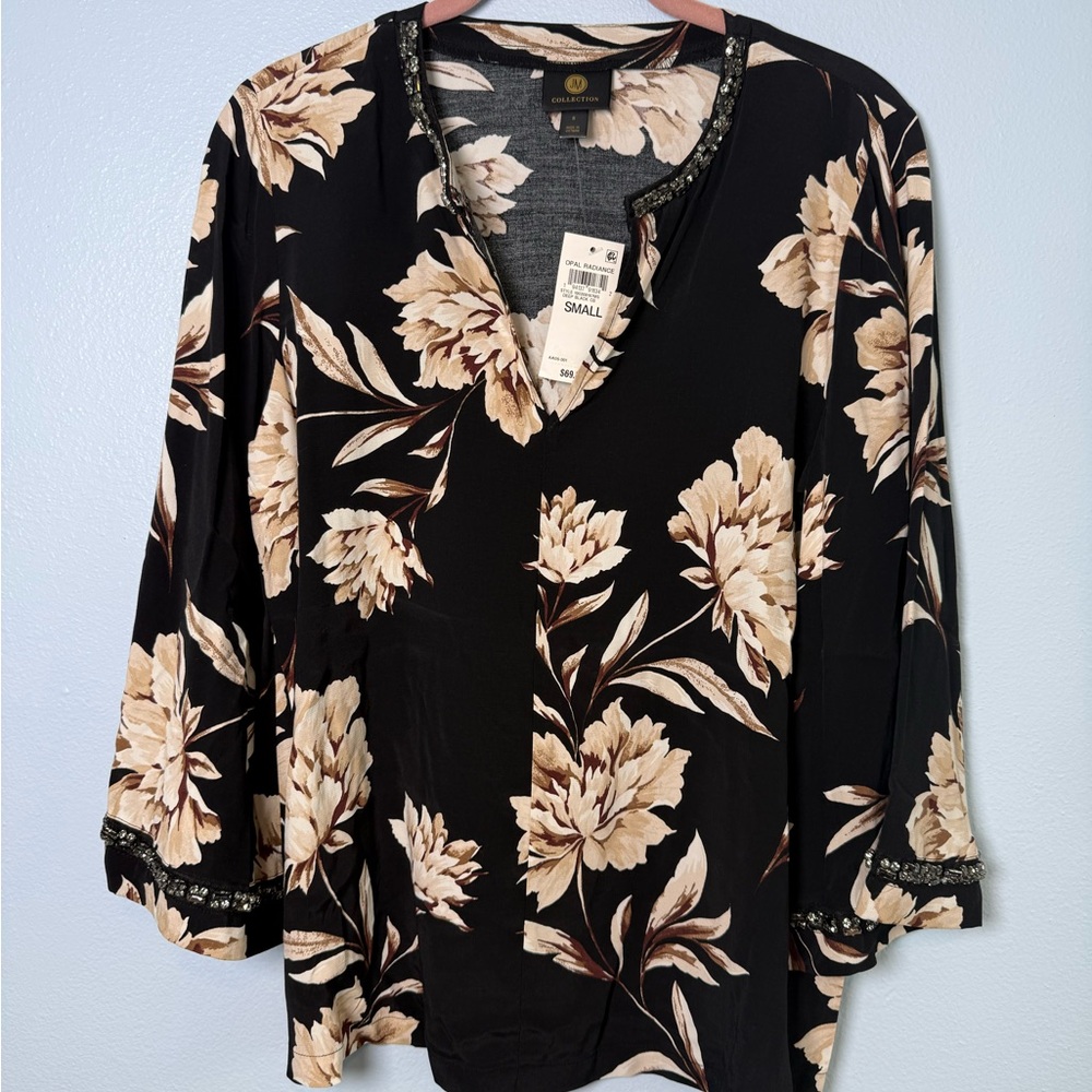 JM Collection Black Floral V-Neck Blouse with Beaded Trim
